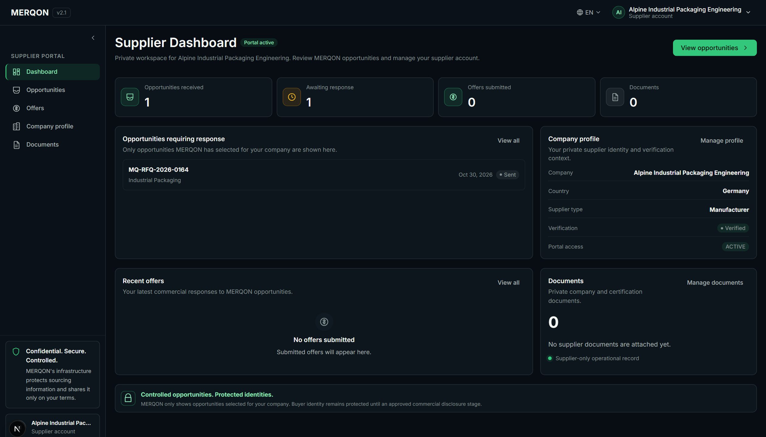 MERQON Supplier Portal dashboard showing a real supplier's opportunities and offers